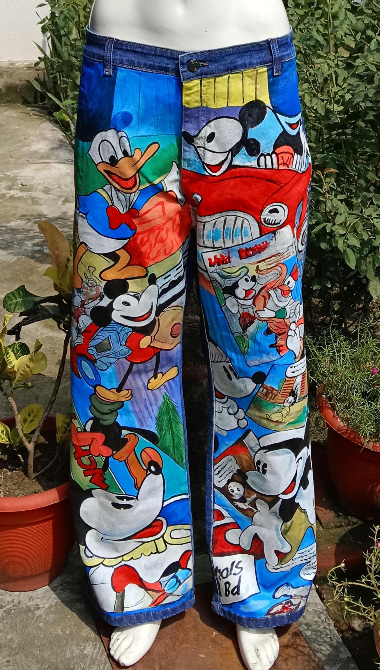 NEW Women's  Hand Painted Straight Leg Cotton Jeans Multicolor Denim Rare Vintage Look Blue Denim Jeans