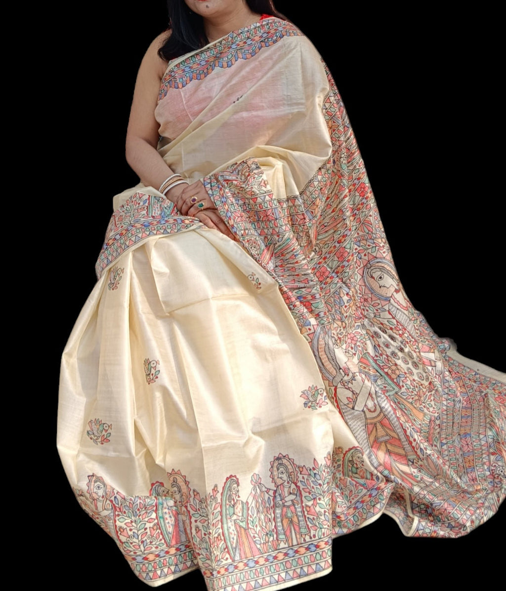 Pure Silk Hand-painted Multicolored Madhubani Painting Saree Featuring Iconic Shree Ram Sita Swayamvar Marriage Peacock Design Wedding Party