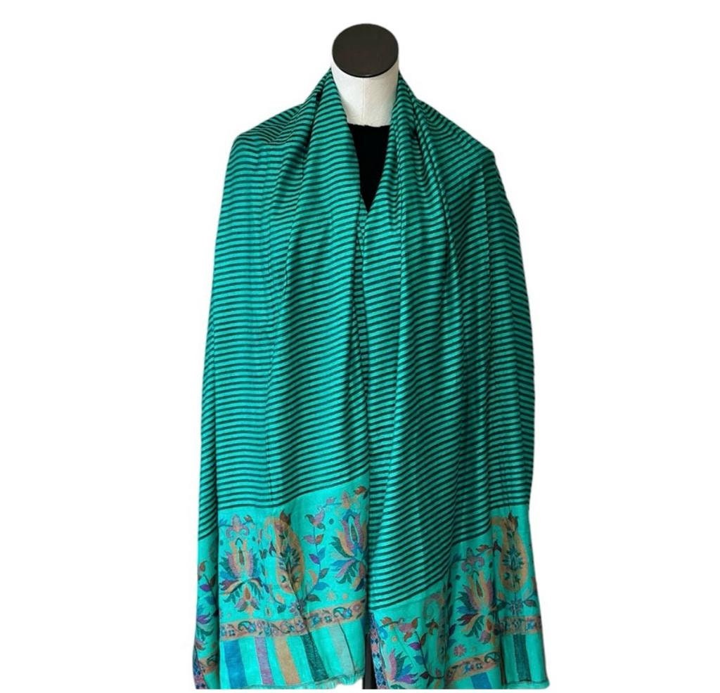 Sea Green Black Embroidered Cashmere Shawl Scarf Soft Touch Lightweight neck warmer shoulder Warmer Winter Outfit Minimalist Shawl Luxurious