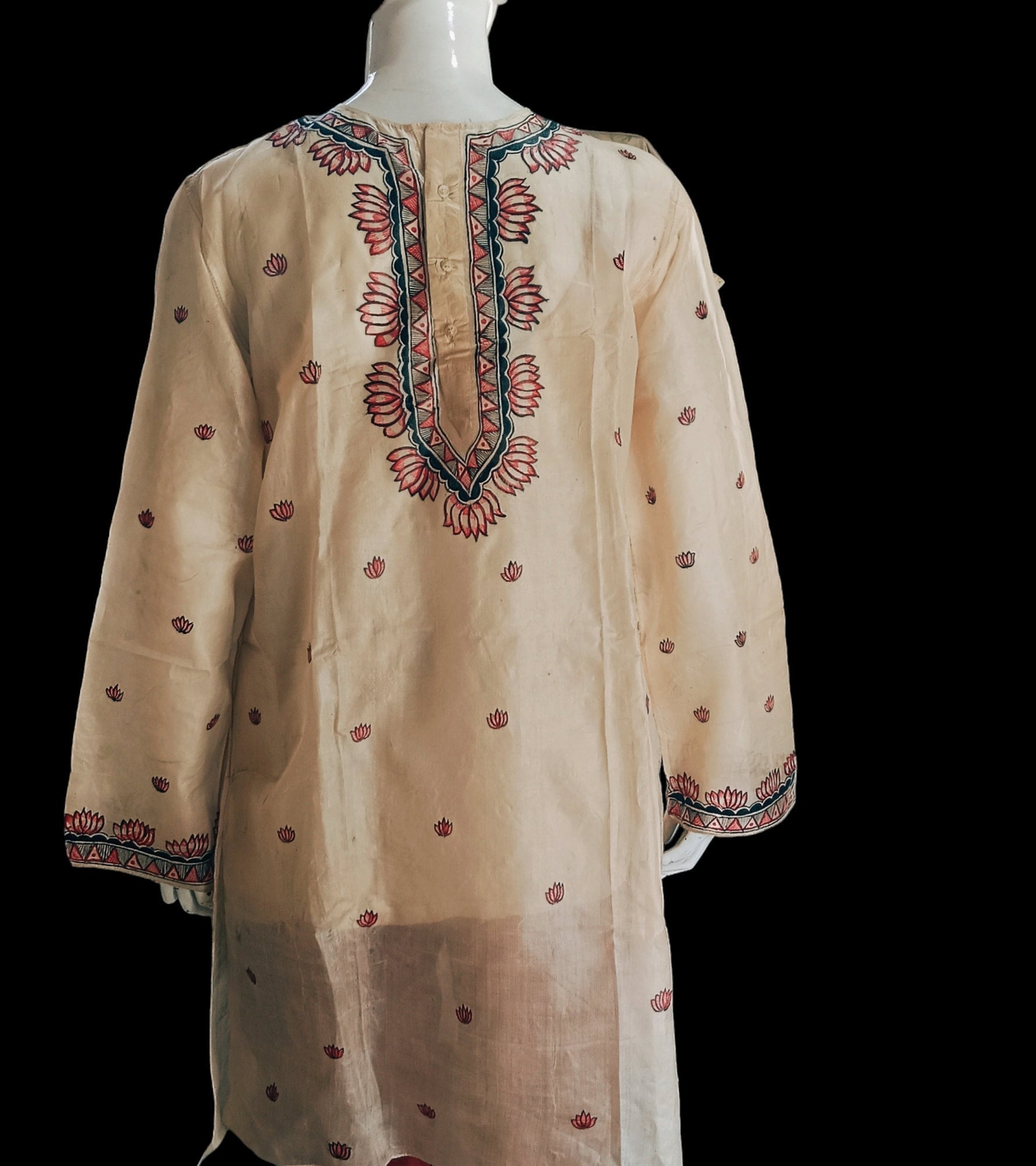 Beige Pure Silk Hand Painted Madhubani Kurta Lotus Flower Design Pattern Wedding Edition Indian Anniversary Floral Aesthetic Vintage Ethnic