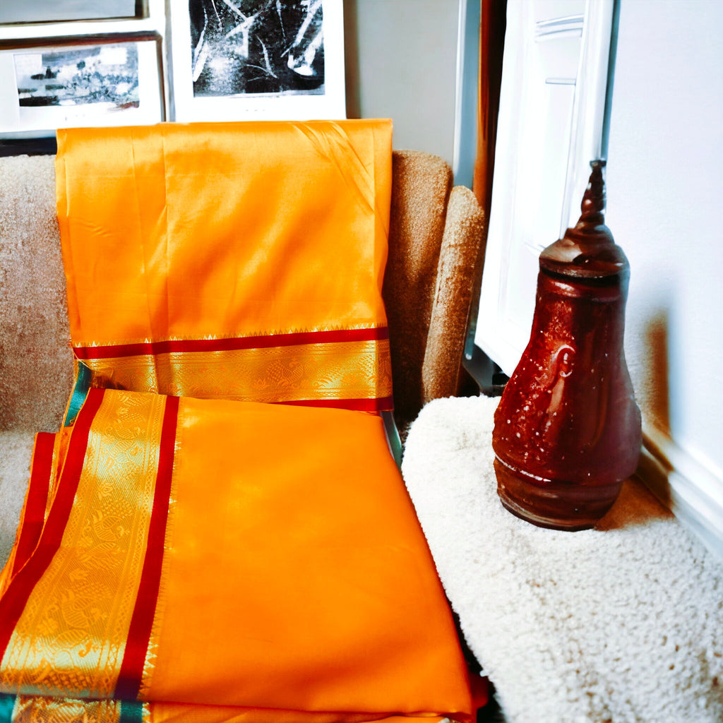 Orange Silk Red Green Golden Zari Border Dhoti Towel Set For Men 3.5 metres length of dhoti 2 meters length of towel South Indian Tamil