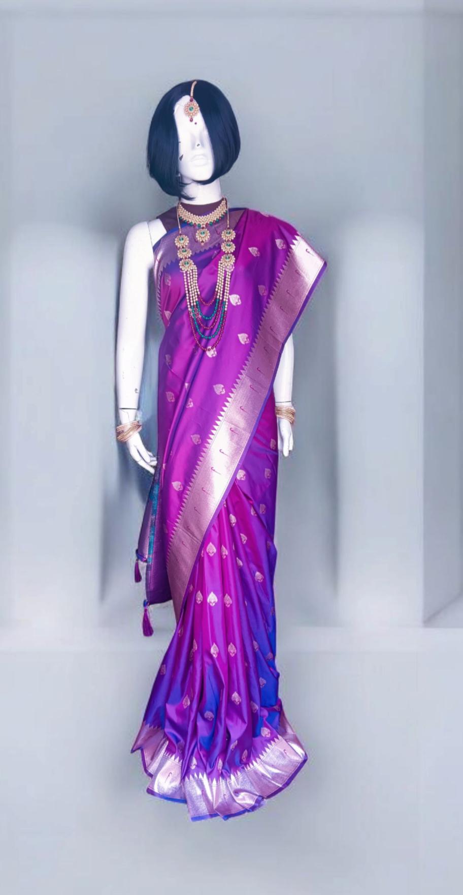 Violet banarasi silk saree with zari work Embroidered Nature inspired pattern with violet unstitched blouse Bollywood Indian Ethnic Festive