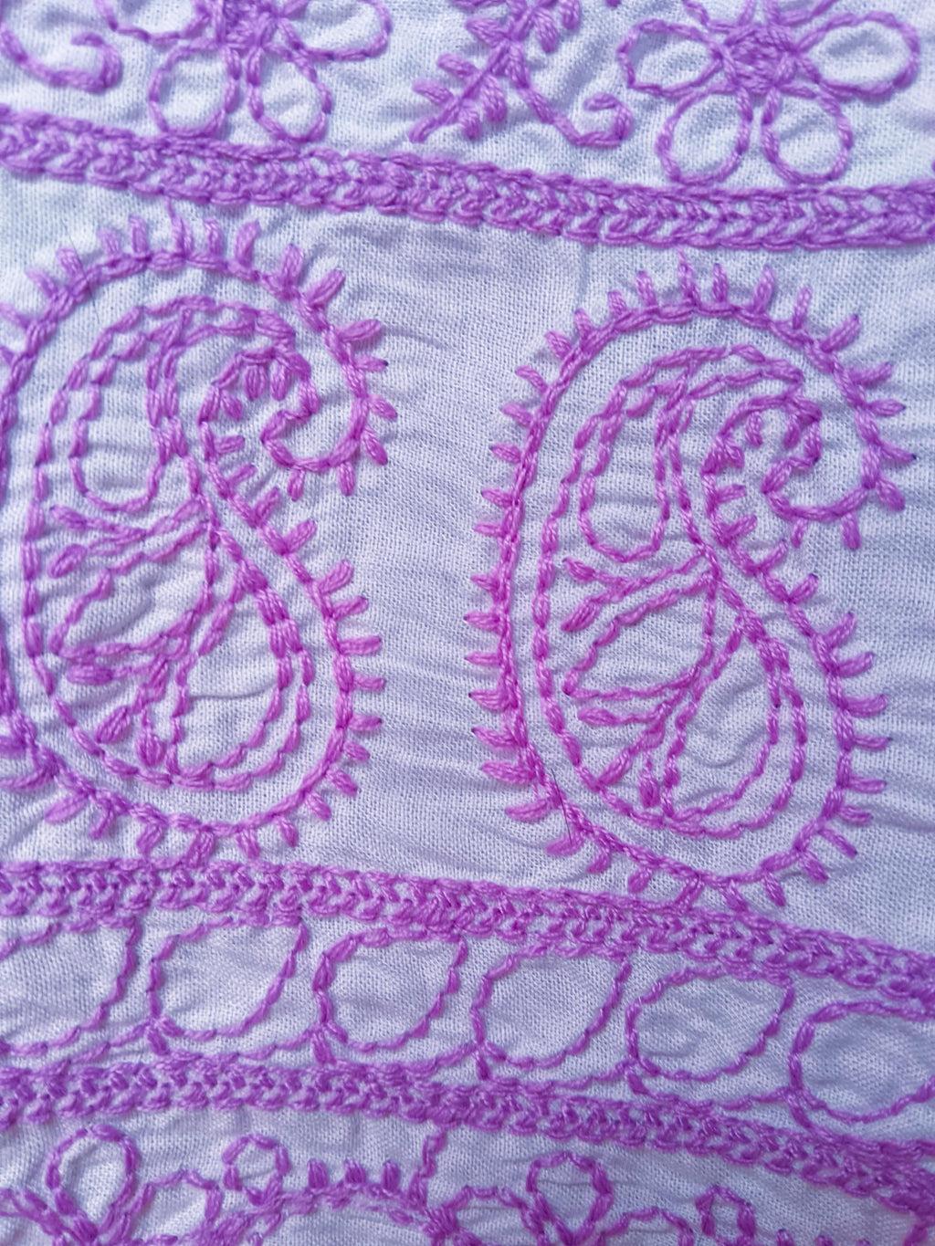 Set of 3 White Lavender Cotton Silk Chikankari With Beads Work Handmade Kurta Satin Pajama With Elasticity And Net Sheer Lavender Duppata