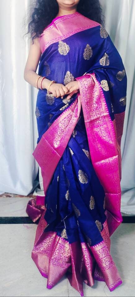 Blue Magenta Paper Silk Saree With Unstitched ( customised ) Banarsi Blouse Zari Work Thread Work Perfect For Wedding Party Gift for Her