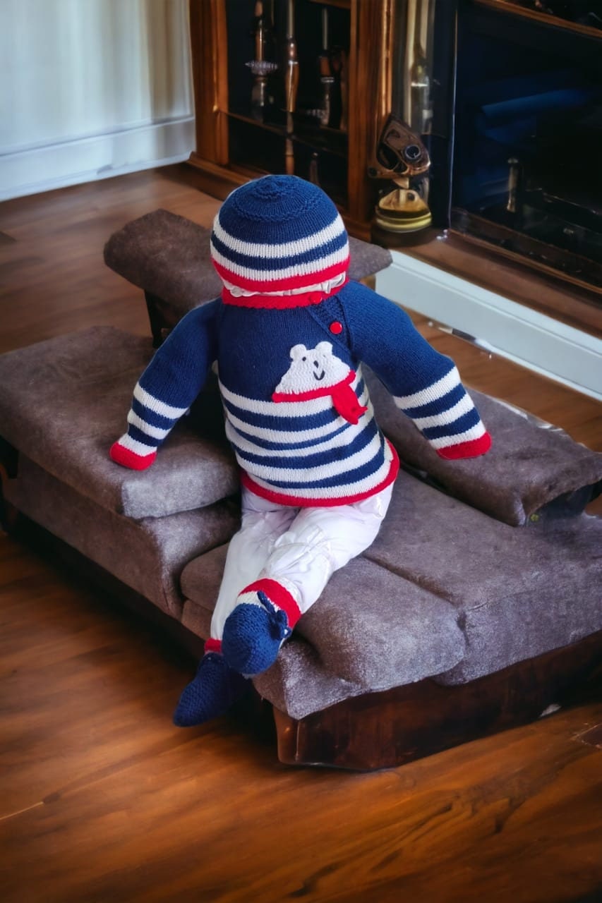 100% Wool Handmade Blue Red White Sweater Beanie / Cap Socks For Boys And Girls Winter Outfit Comfortable Sweater Soft Wool Purely Handmade