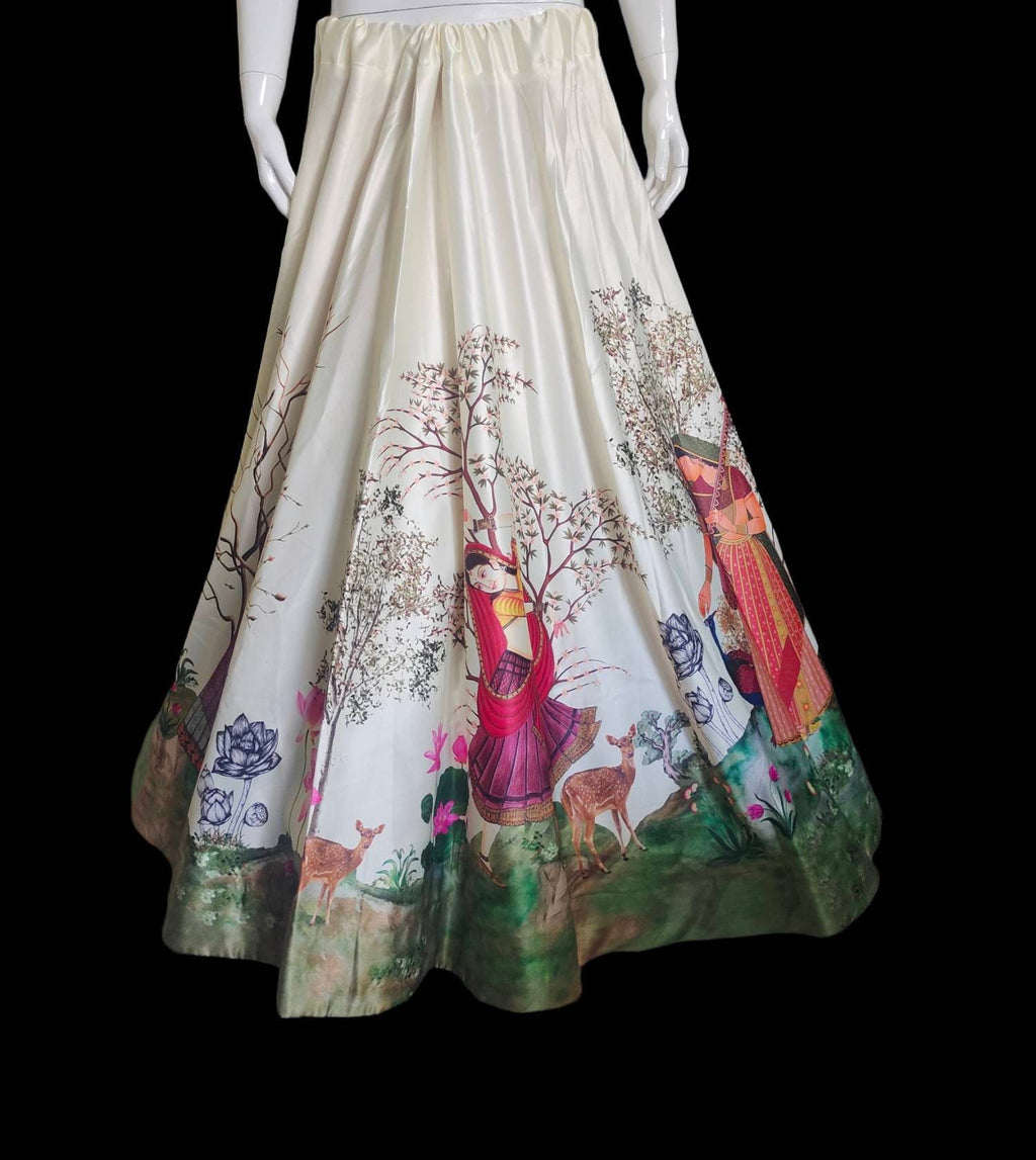 Satin off white skirt with digital print with linen stitched long skirt modern Bollywood traditional Ethnic colourful portrait design trees