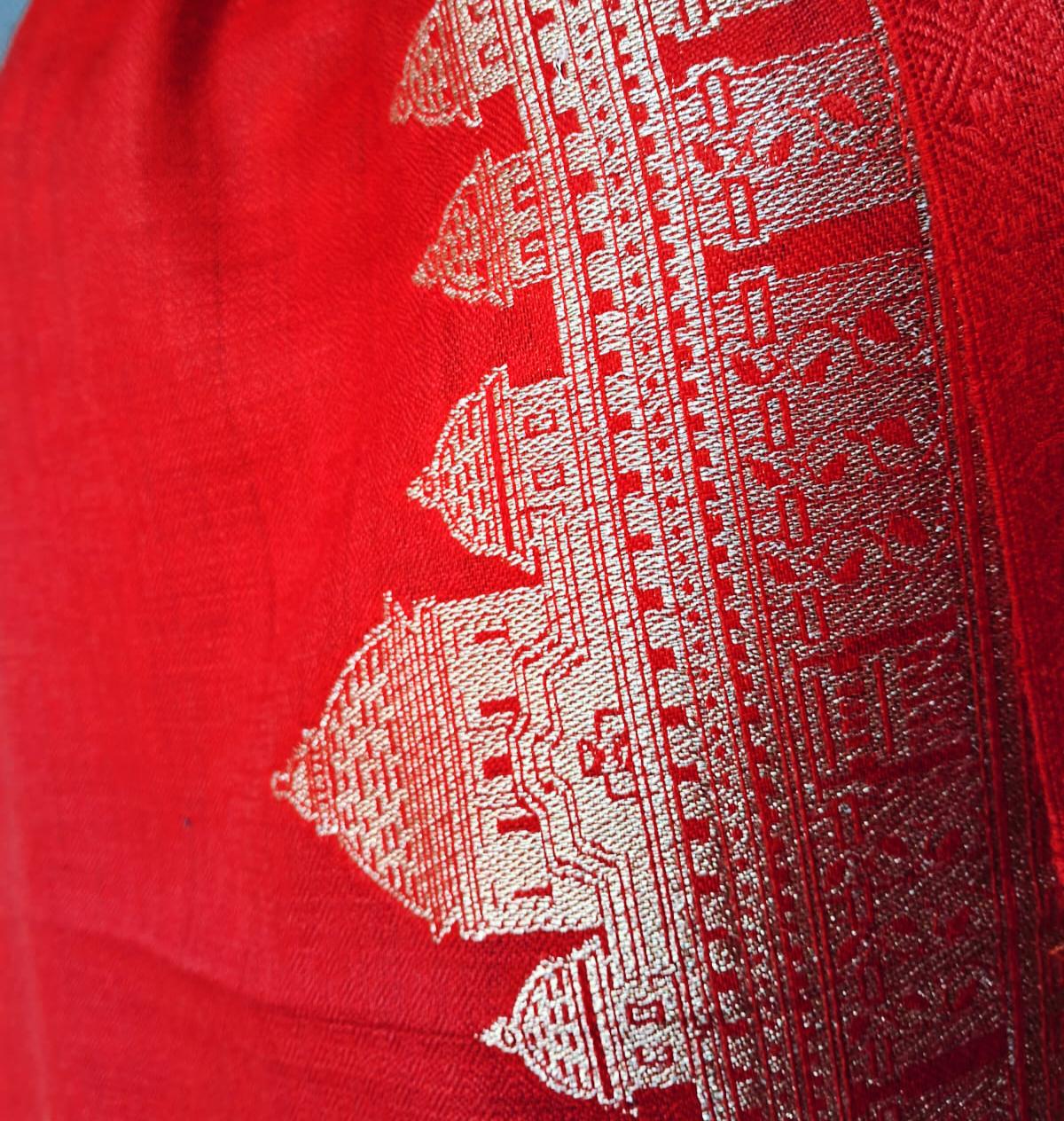 Red Pashmina Cashmere Shawl Features Golden Zari Work Bordered Monument Design Perfect For Christmas Gift For Them Winter Outfit Luxurious
