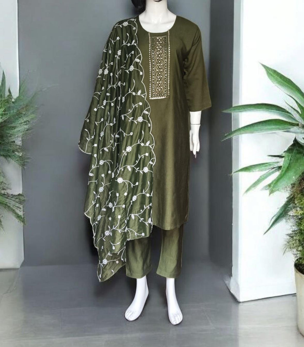 Set of 3  Olive Green Chanderi Silk Embroidered Kurta Pant With Fully Embroidered Duppata Sequins Work Indian Ethnic Wedding Wear Festive