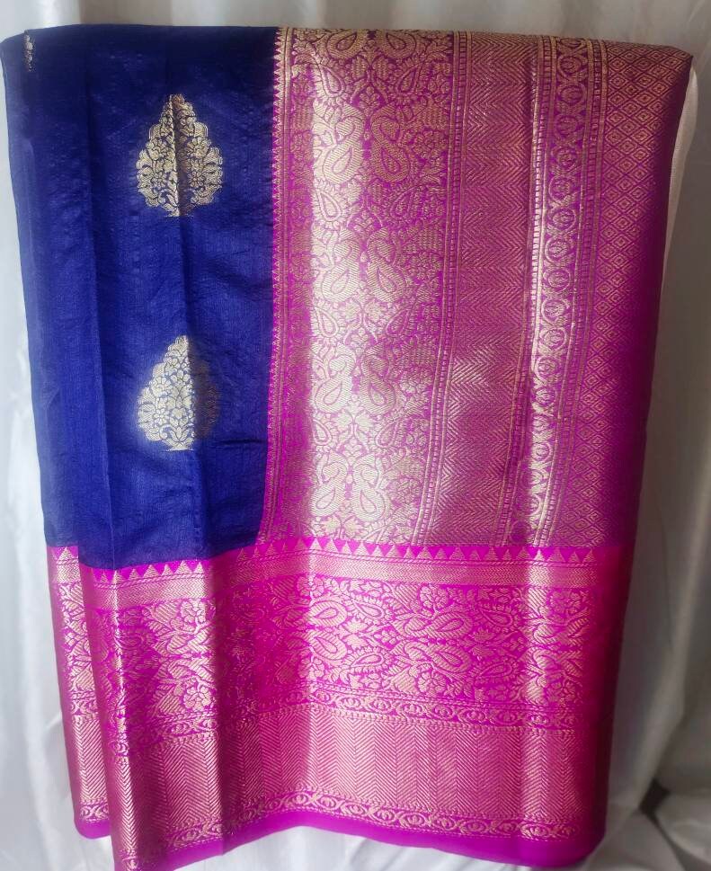 Blue Magenta Paper Silk Saree With Unstitched ( customised ) Banarsi Blouse Zari Work Thread Work Perfect For Wedding Party Gift for Her