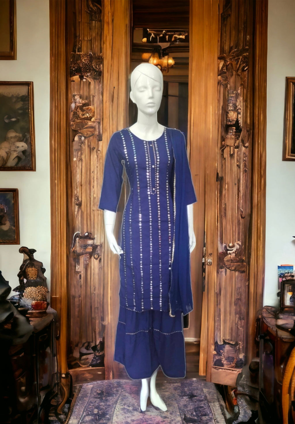 Blue/Navy Blue Cotton Rayon Mirror Work Salwar Kameez Sharara Suit Chiffon Dupatta Bollywood Pakistani Bohemian Wedding Festive Diwali Puja