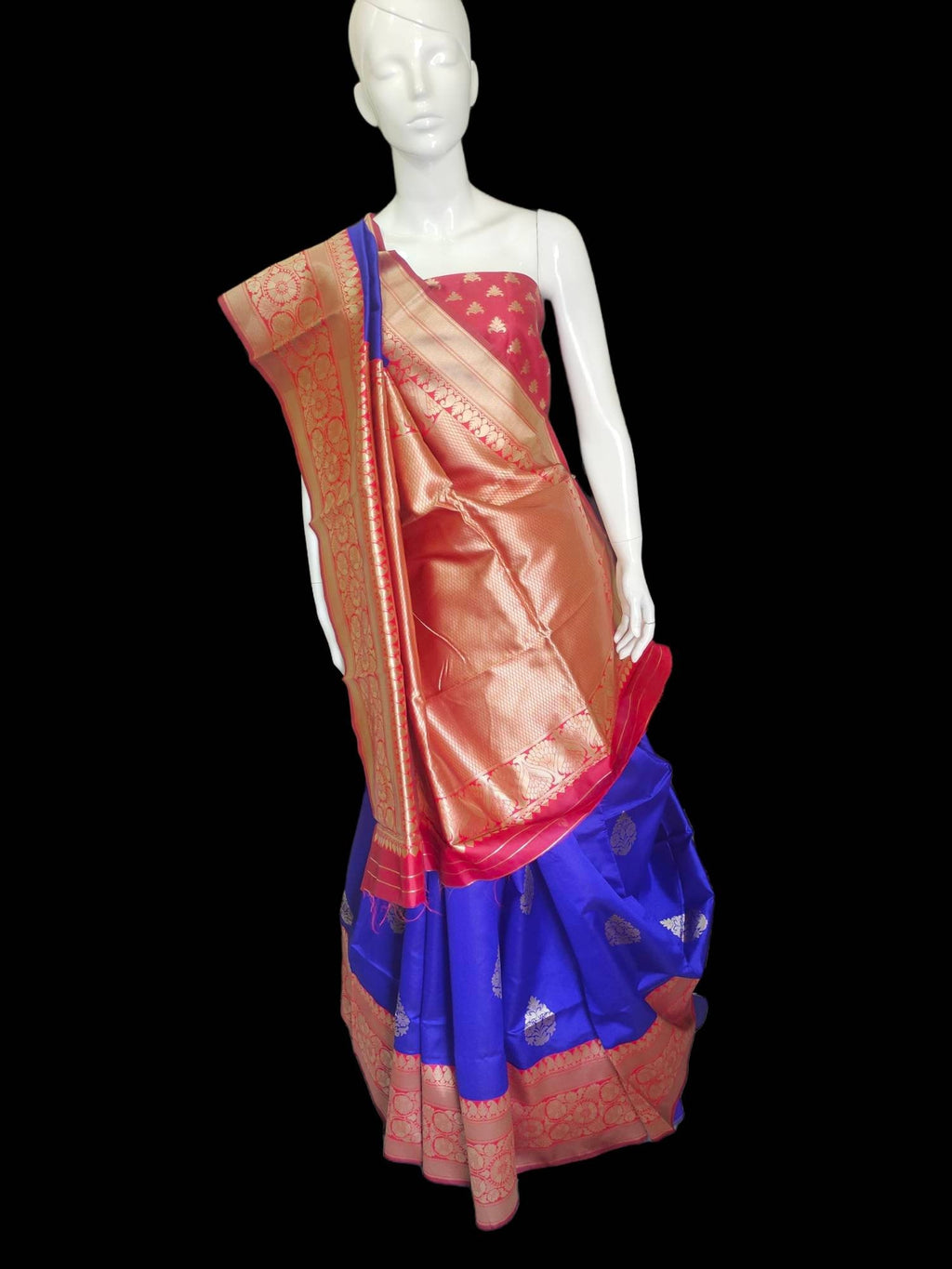 Blue and red banarasi silk saree with zari work with red unstiched blouse with cotton stitched peticoat Bollywood Indian Ethnic Festive Puja