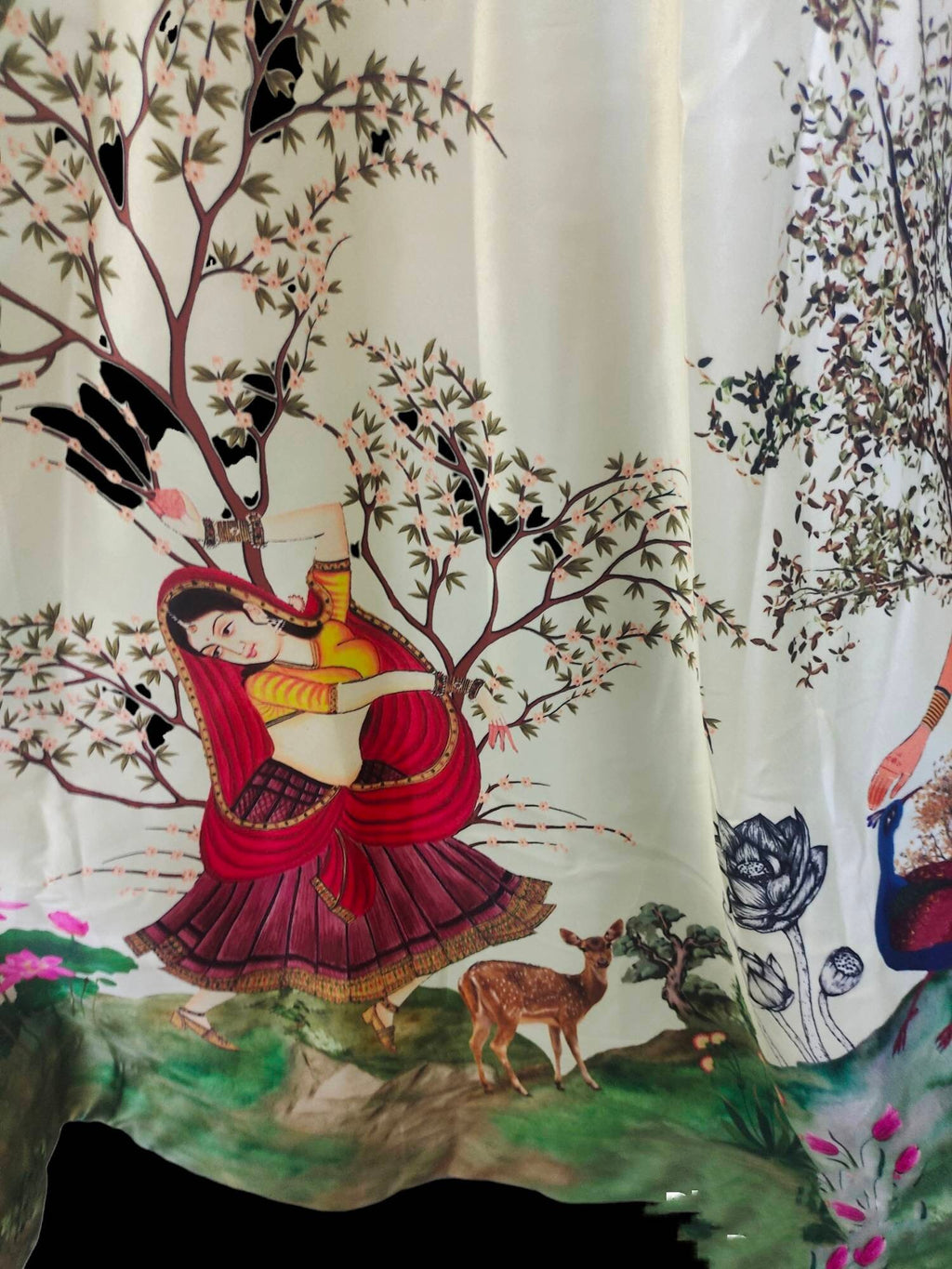 Satin off white skirt with digital print with linen stitched long skirt modern Bollywood traditional Ethnic colourful portrait design trees
