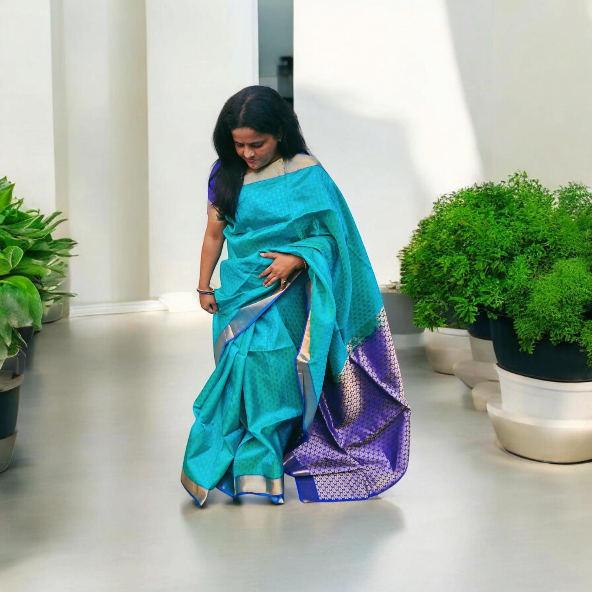 100% Pure Silk Blue Green Banarasi Saree Golden Brocade Pattern With Unstitched Blue Pure Silk Blouse Bollywood Saree Wedding Saree Pujawear