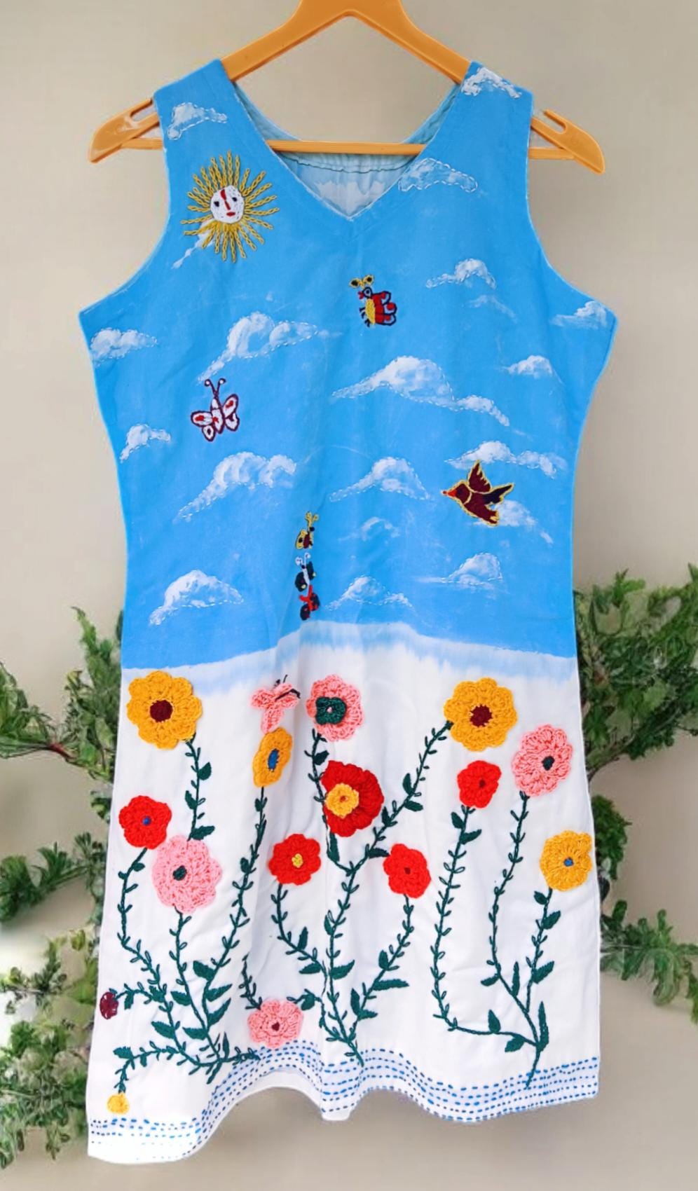 Pure White Sky Blue Pashmina Dress Handmade Pure wool floral embroidery Vintage One and Only Pure Pashmina Woollen Dress Colourful Garden