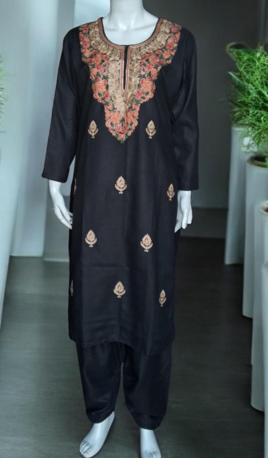 A Set of 2 Pieces Black Cashmere Floral Embroidered Salwar Black cashmere Semi Patiala Handcrafted Winter Outfit Stitched Suit Pakistani