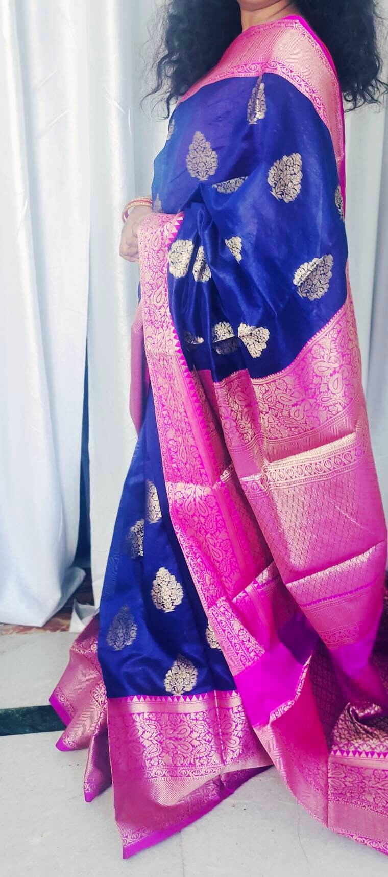 Blue Magenta Paper Silk Saree With Unstitched ( customised ) Banarsi Blouse Zari Work Thread Work Perfect For Wedding Party Gift for Her