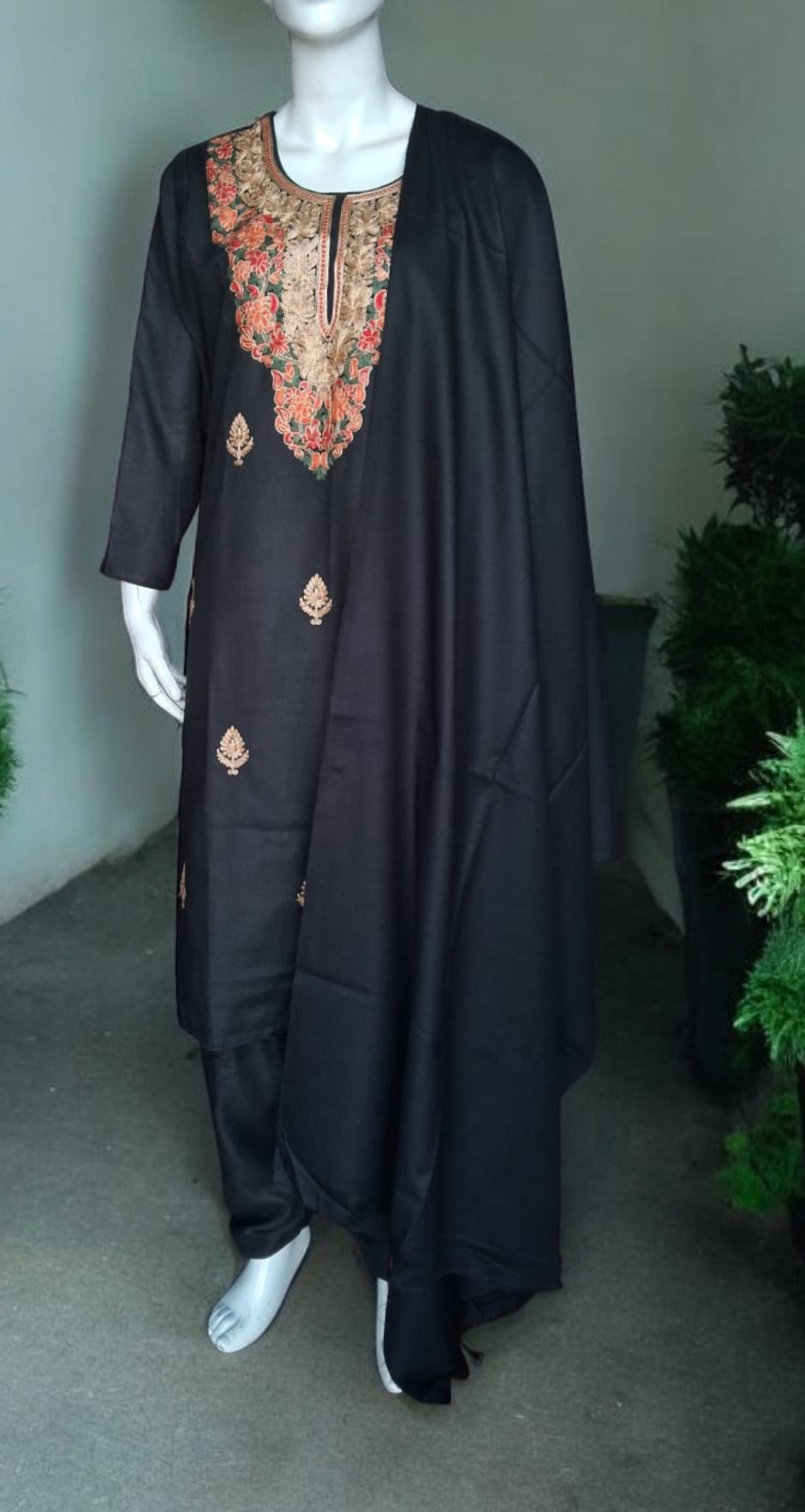 A Set of 3 Pieces Black Cashmere Floral Embroidered Salwar Black cashmere Semi Patiala Black Shawl Handcrafted Winter Outfit Stitched Suit