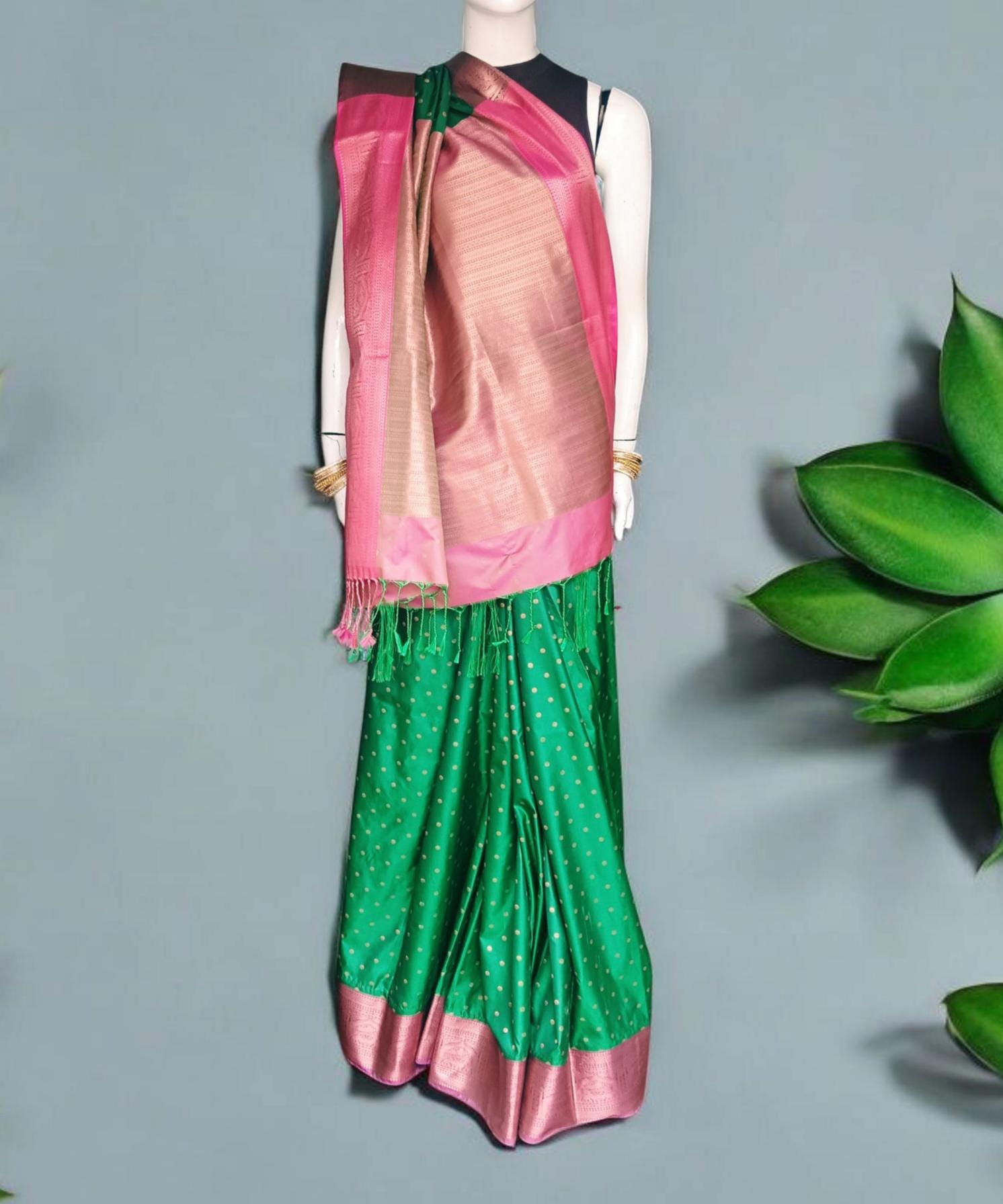 Pure Green Pink Mysore Silk Saree Zari border Unstitched Plain Pink Silk Blouse Piece Perfect for Wedding Festive Gift for her Indian