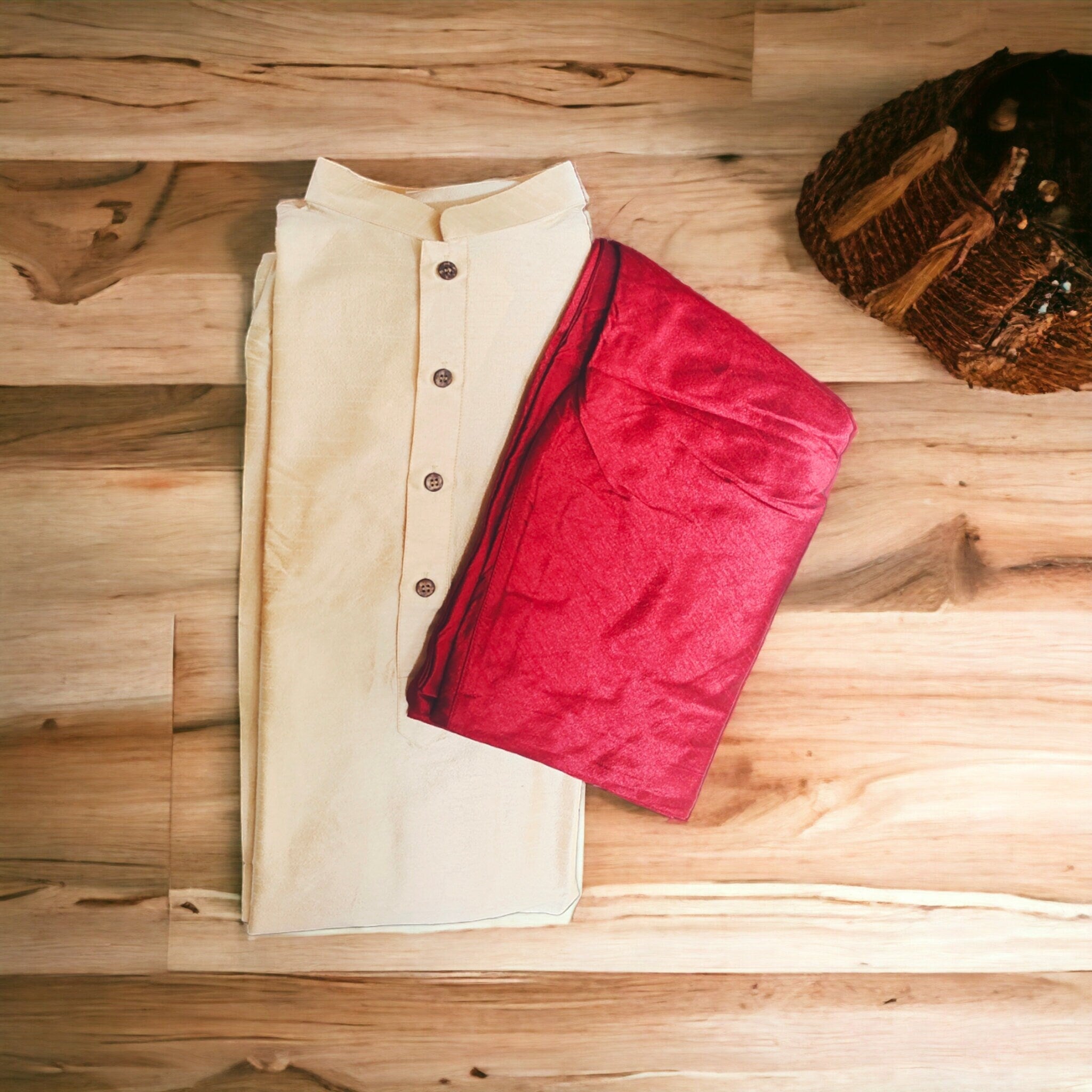 Beige Red Pure Silk Kurta Pajama Set For Men Bollywood Inspired Outfit Traditional Dress Puja Wear Wedding Wear Ethnic Wear Party Wear