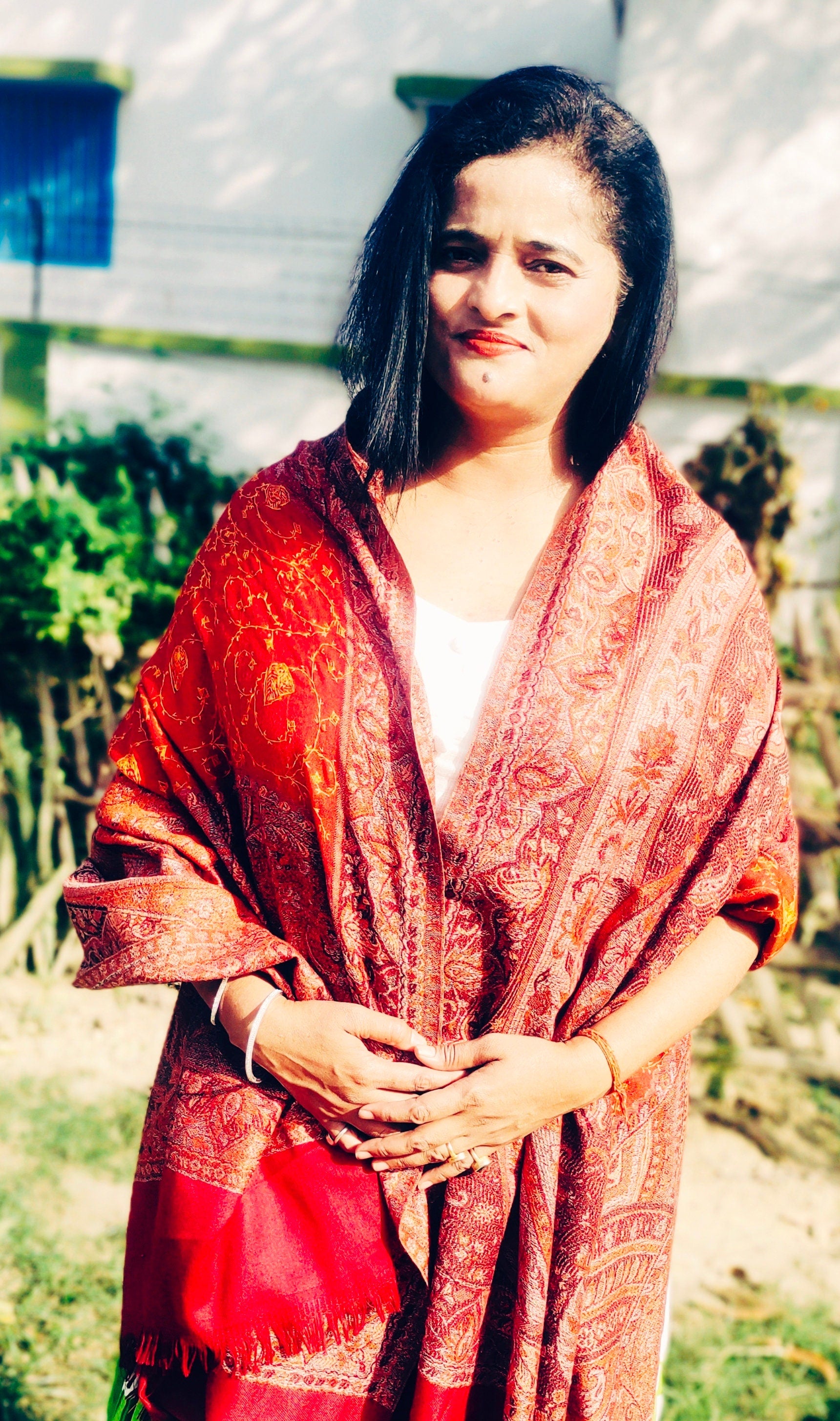 Red Beige Designer Cashmere Semi Pashmina Shawl Scraf Needle Embroidery 100% Cashmere Neck Warmer Blanket Scraf Lightweight Winter Cloth