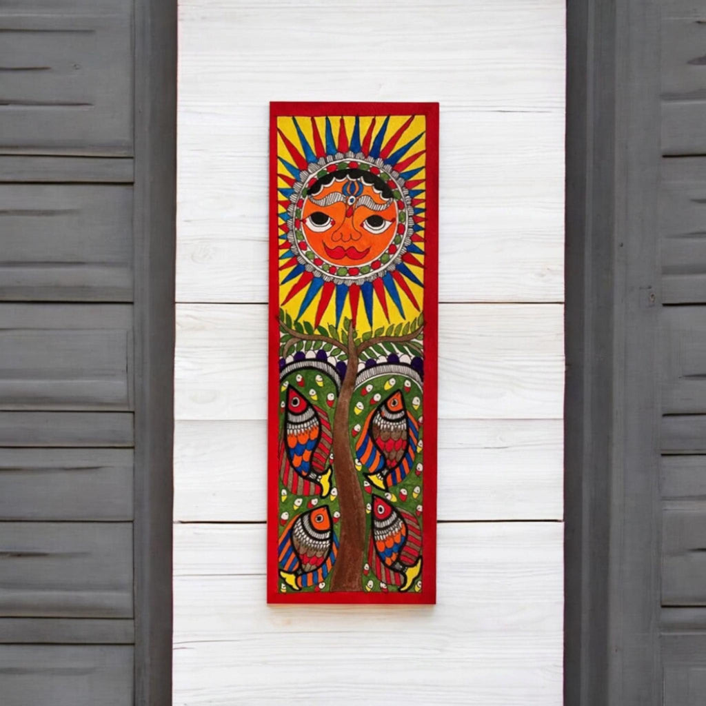 Mithila Madhubani Handpainted Wall Painting Wall Decor Featuring Sun Aquatic Design With Red Wooden Frame Canvas Paintaing Rare To Find