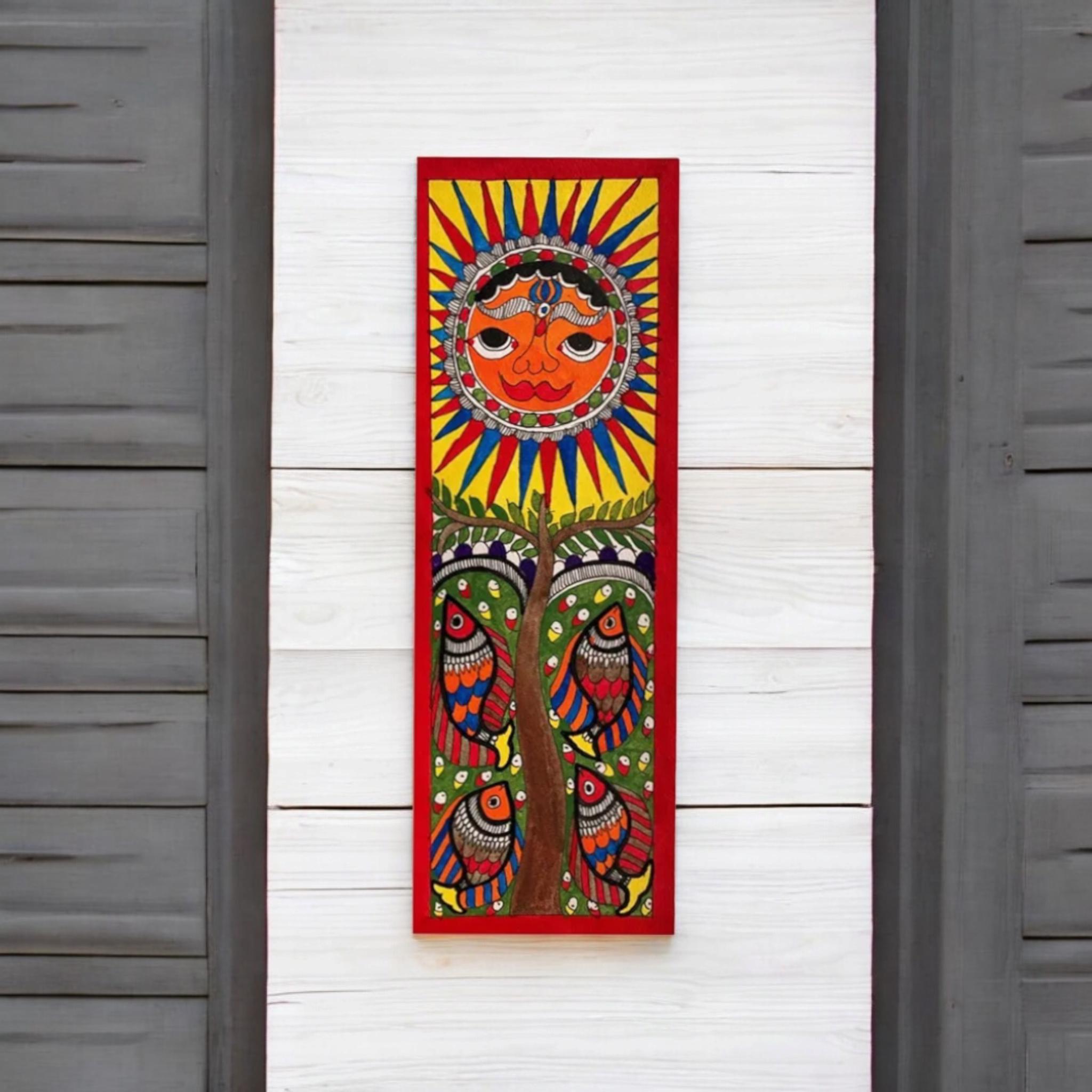Mithila Madhubani Handpainted Wall Painting Wall Decor Featuring Sun Aquatic Design With Red Wooden Frame Canvas Paintaing Rare To Find