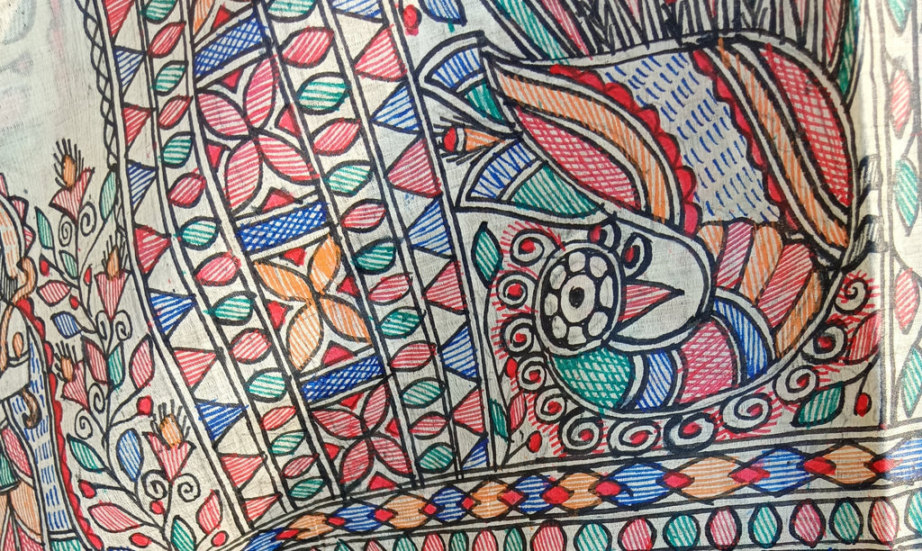 Pure Silk Hand-painted Multicolored Madhubani Painting Saree Featuring Iconic Shree Ram Sita Swayamvar Marriage Peacock Design Wedding Party