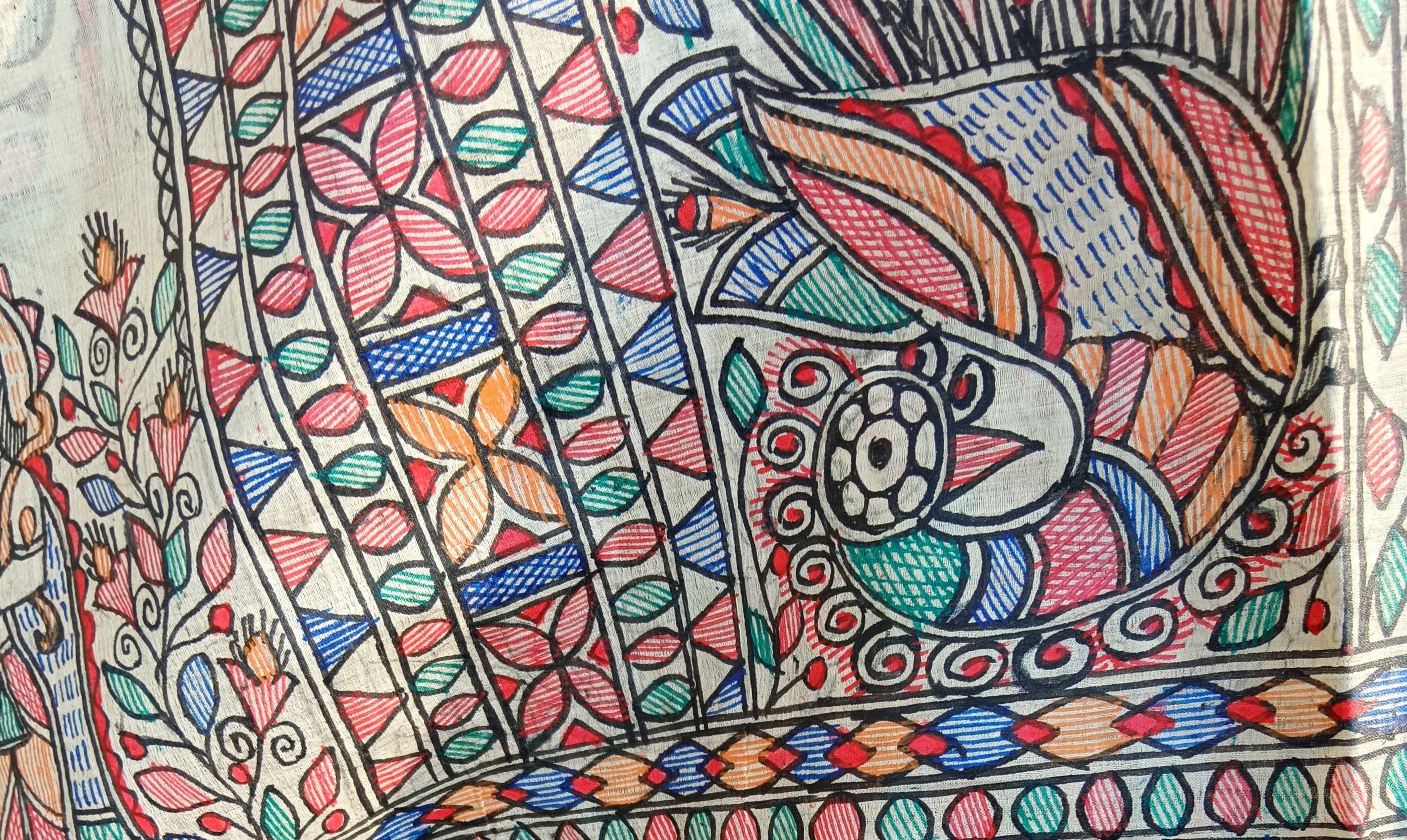 Pure Silk Hand-painted Multicolored Madhubani Painting Saree Featuring Iconic Shree Ram Sita Swayamvar Marriage Peacock Design Wedding Party