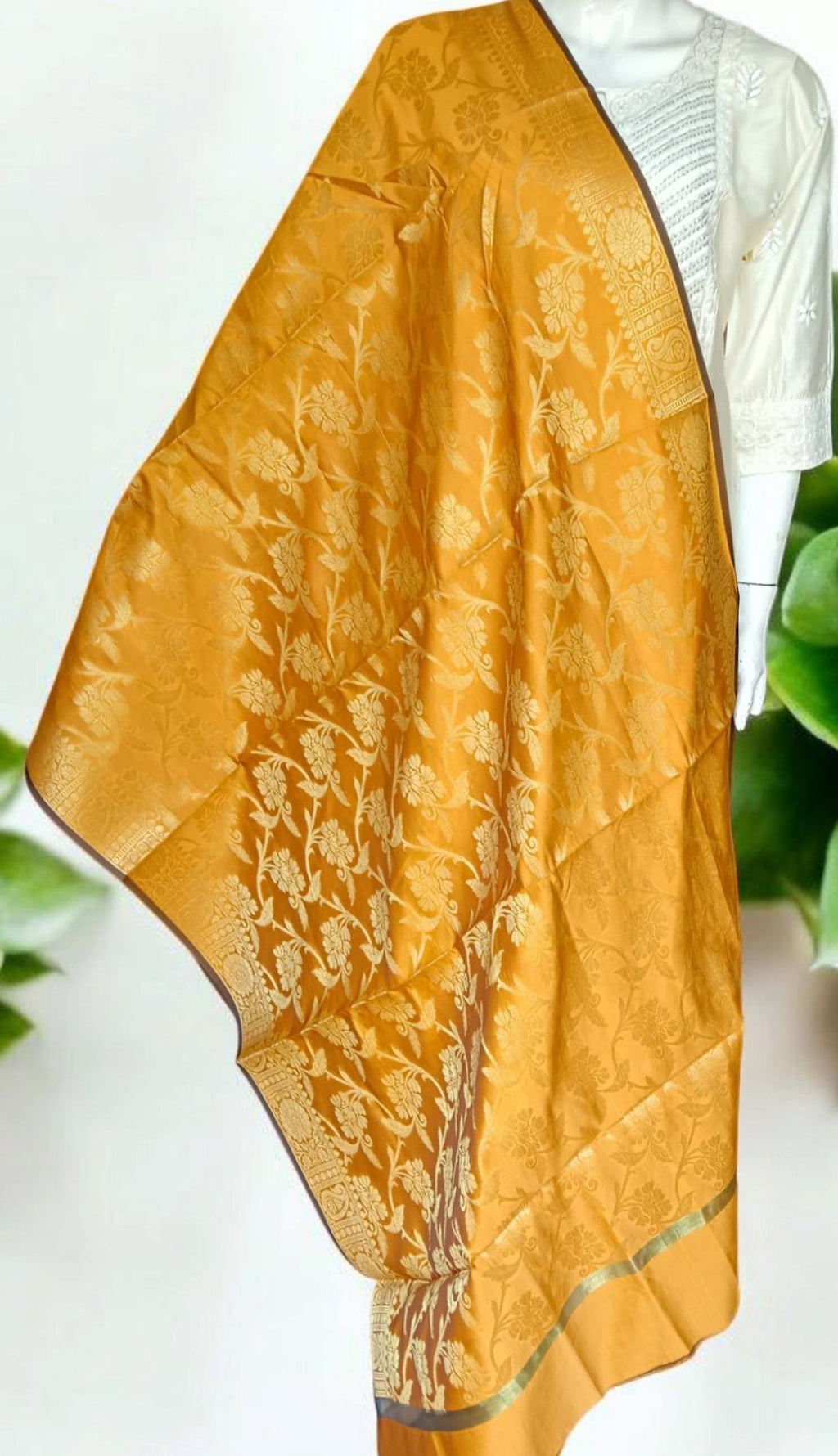 Set of 3 Chanderi Silk Off White Kurta Pant Golden Yellow Banarasi Silk Dupatta beads Work Handmade Kurta Silk Pant With Elasticity Zardozi