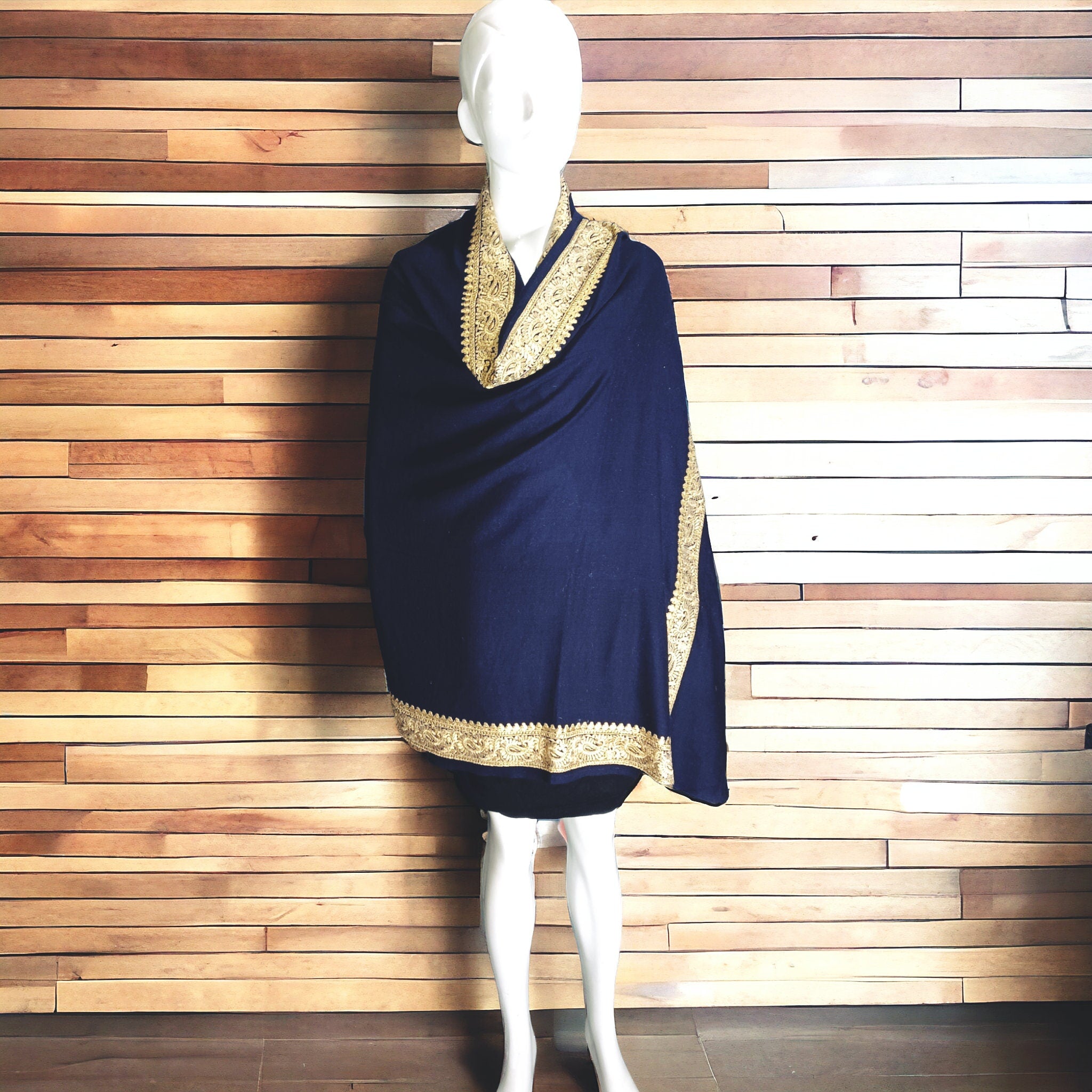 Blue 100% Cashmere Pashmina Luxurious Hand woven Zardozi Embroidered Shawl Scarf Travel Blanket Vintage Pure Cashmere Pure Pashmina