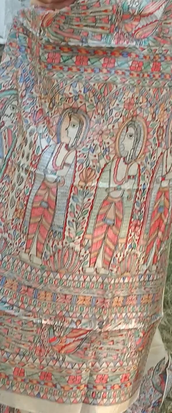 Pure Silk Hand-painted Multicolored Madhubani Painting Saree Featuring Iconic Shree Ram Sita Swayamvar Marriage Peacock Design Wedding Party