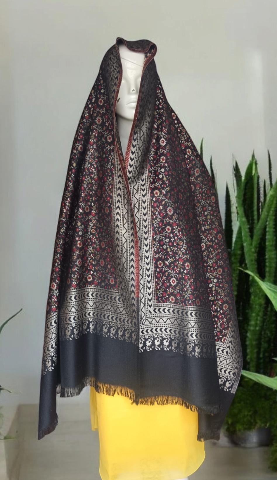 Black Cashmere Wool Colourful Floral Embroidered Silver Zardozi Bordered Stole/Shawl Kashmiri Outfit Comfortable to Wear Lightweight Warm