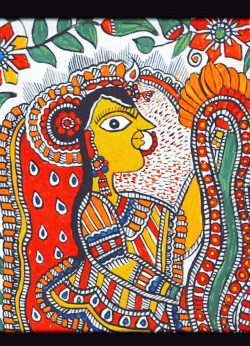 Mithila Madhubani Handpainted Wall Painting Wall Decor Featuring Ram Darbar Design With Brown Wooden Frame Canvas Painting Beautiful Paint