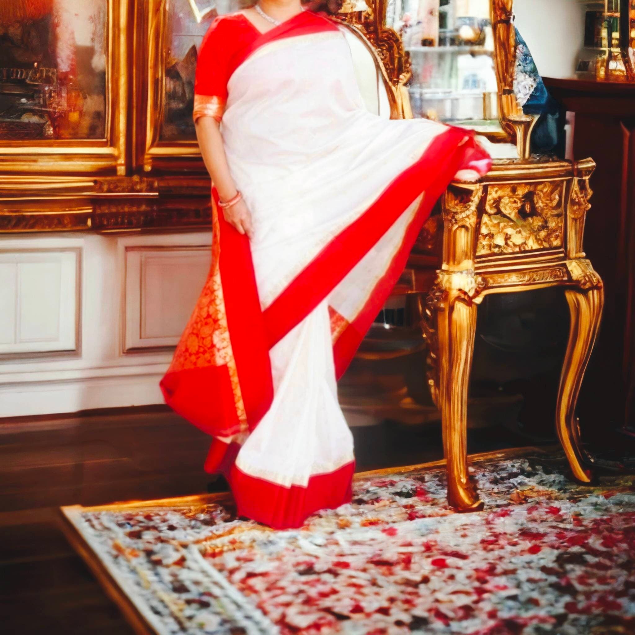 Off White Red Kanjeevaram Silk Saree Unstitched Red Silk Blouse Bollywood Daily Wear Party Wear Bengali Bohemian Vintage Sleek Relaxed Glam