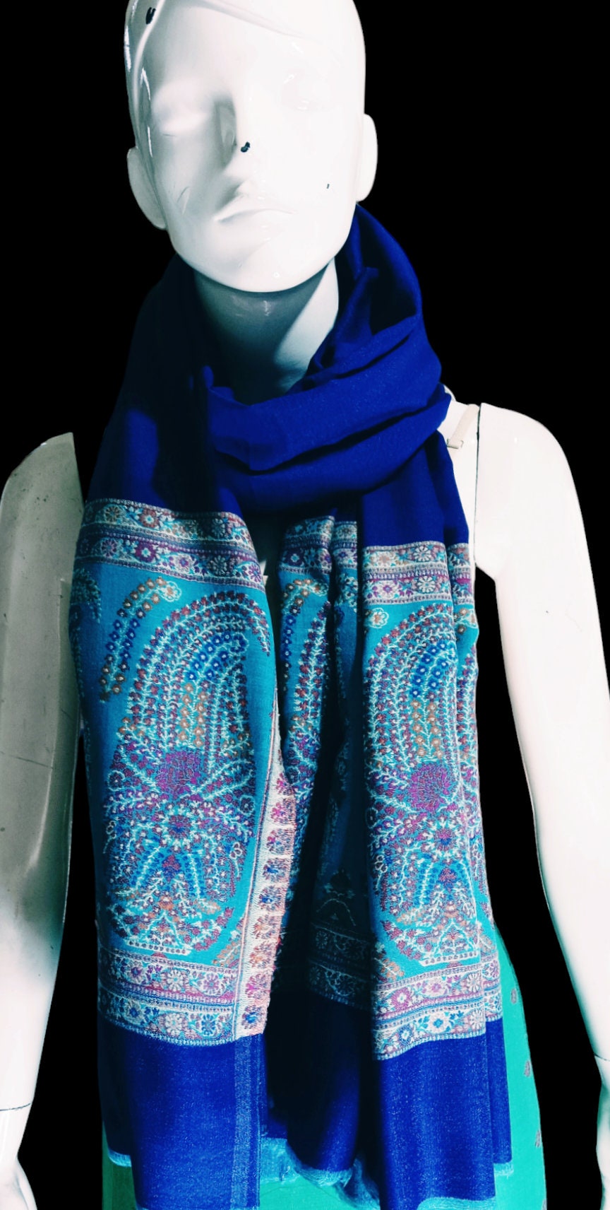 Blue Embroidered 100 % Cashmere Pashmina Handwoven Shawl Scarf Luxurious Soft Touch Vintage Winter Outfit Lightweight Designer Neck Warmer