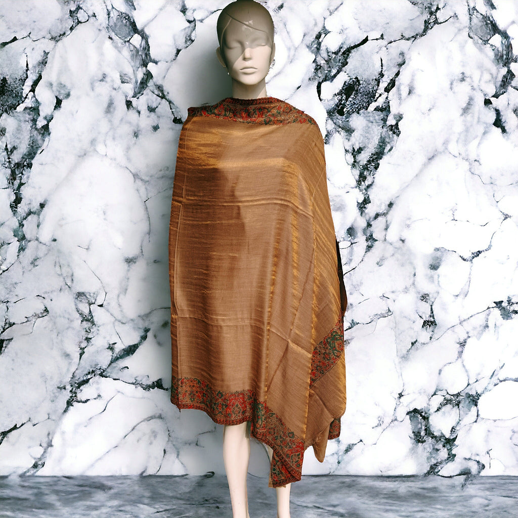 Golden Brown Floral Embroidered 100% Cashmere Pashmina Luxurious Hand woven Shawl/Scarf Lightweight Soft Touch Winter Outfit Cashmere