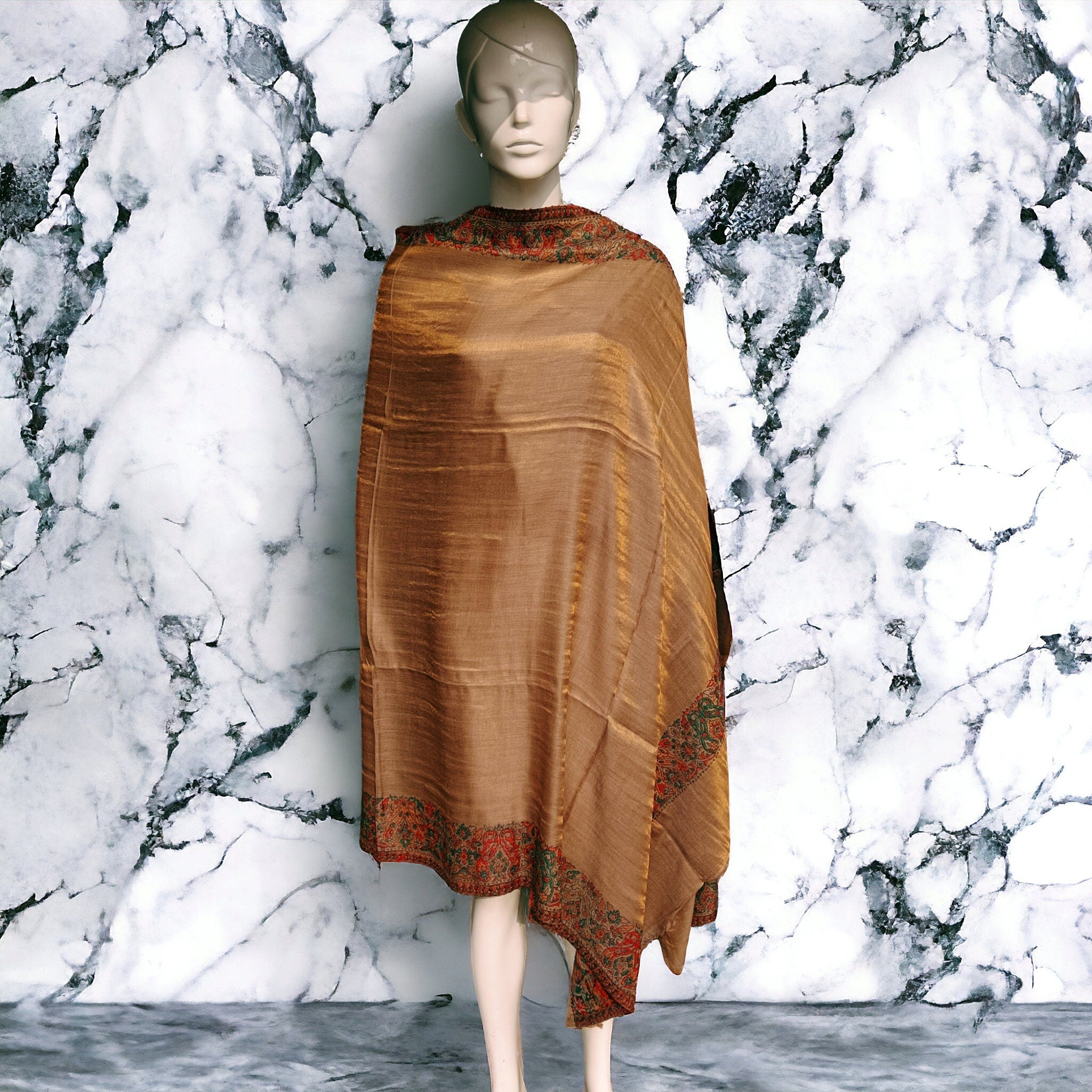 Golden Brown Floral Embroidered 100% Cashmere Pashmina Luxurious Hand woven Shawl/Scarf Lightweight Soft Touch Winter Outfit Cashmere