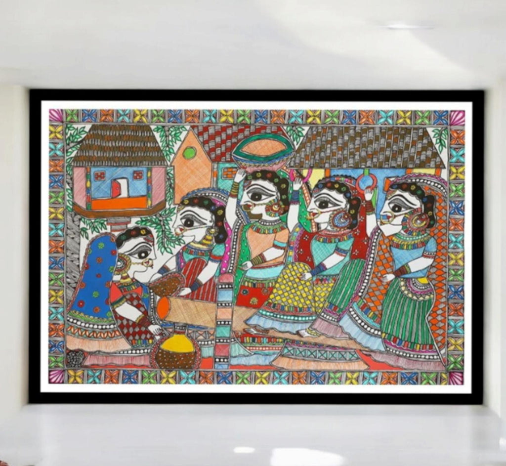 Mithila Madhubani Handpainted Wall Painting Wall Decor Featuring Peacock Floral Design With Black Wooden Frame Canvas Paintaing Rare To Find