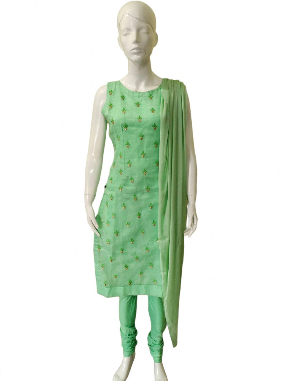 Light green salwar kameez suit organza thread work embroidered cotton Pajami churidar PURE chiffon dupatta festive ethnic puja Bollywood