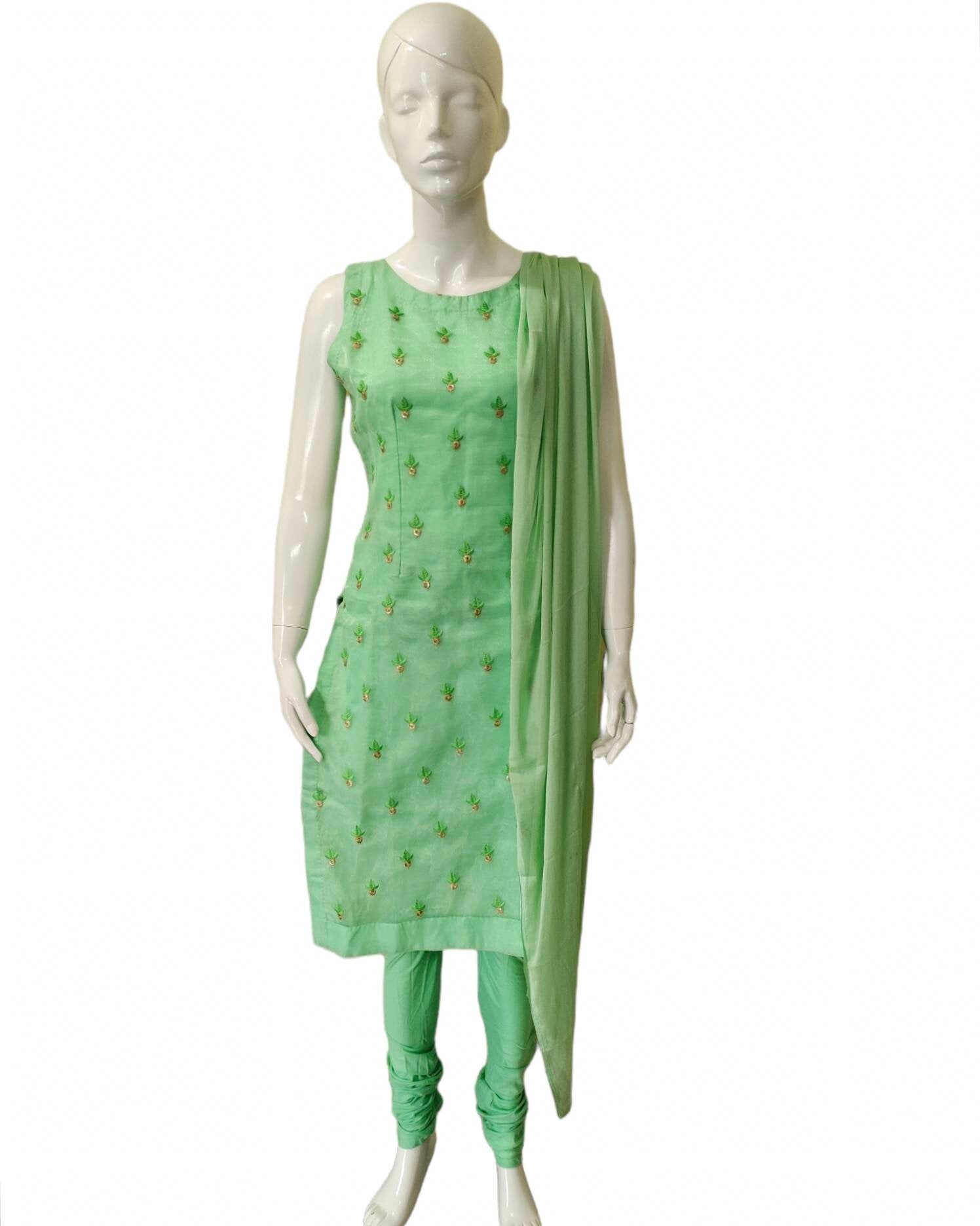 Light green salwar kameez suit organza thread work embroidered cotton Pajami churidar PURE chiffon dupatta festive ethnic puja Bollywood