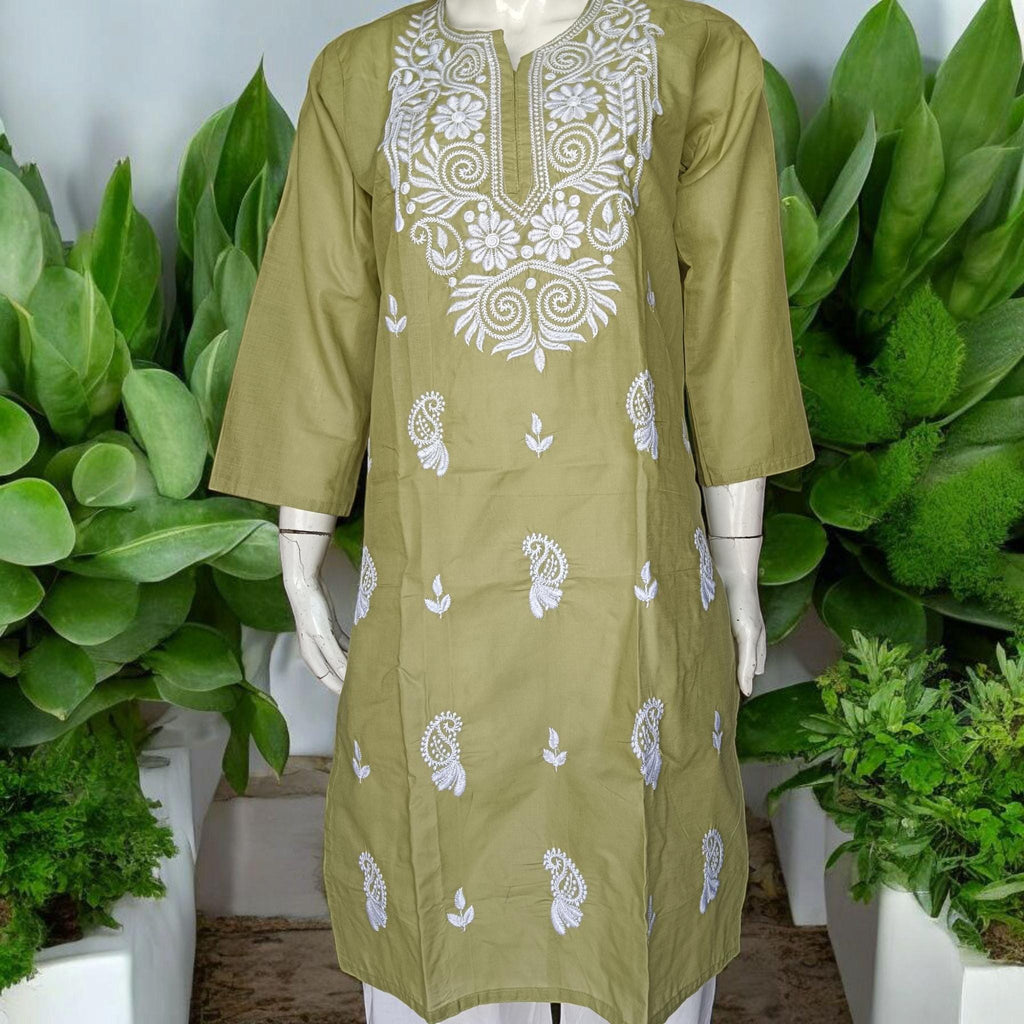 Set of 2 piece Cotton Green White Chikankari Embroidered Kurta with White Cotton Embroidered With Lace Work Tapered Leg Salwar Elastic