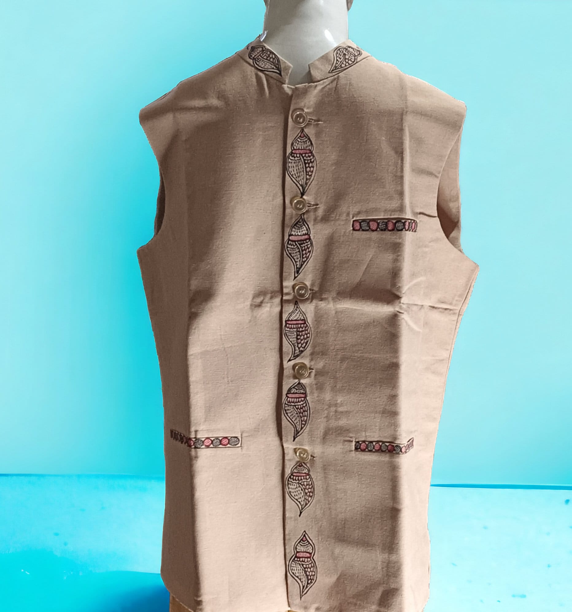 Beige Khadi Vest Jacket Hand-painted Madhubani Art Featuring Iconic Shri Krishna Radha Design Shankh Vintage Traditional Wedding Anniversary