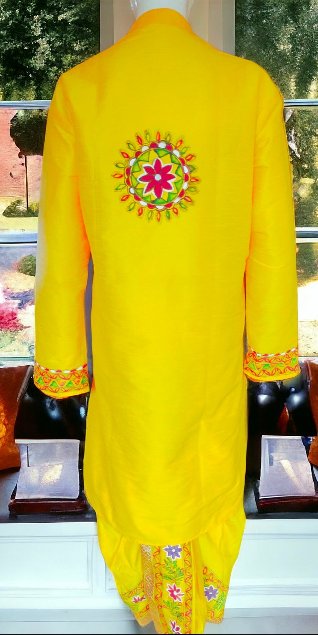 Yellow Silk Handmade Madhubani Mithila Painted Traditional Dhoti Kurta For Men Bohemian Look Stitched Elastic Dhoti Stitched Kurta Wedding