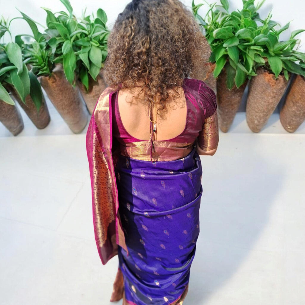 100% Pure Kanjeevaram Purple/Violet Blue Silk Saree With Stitched Readymade Blouse South Indian Saree Wedding Saree Gift for her Kanjeevaram
