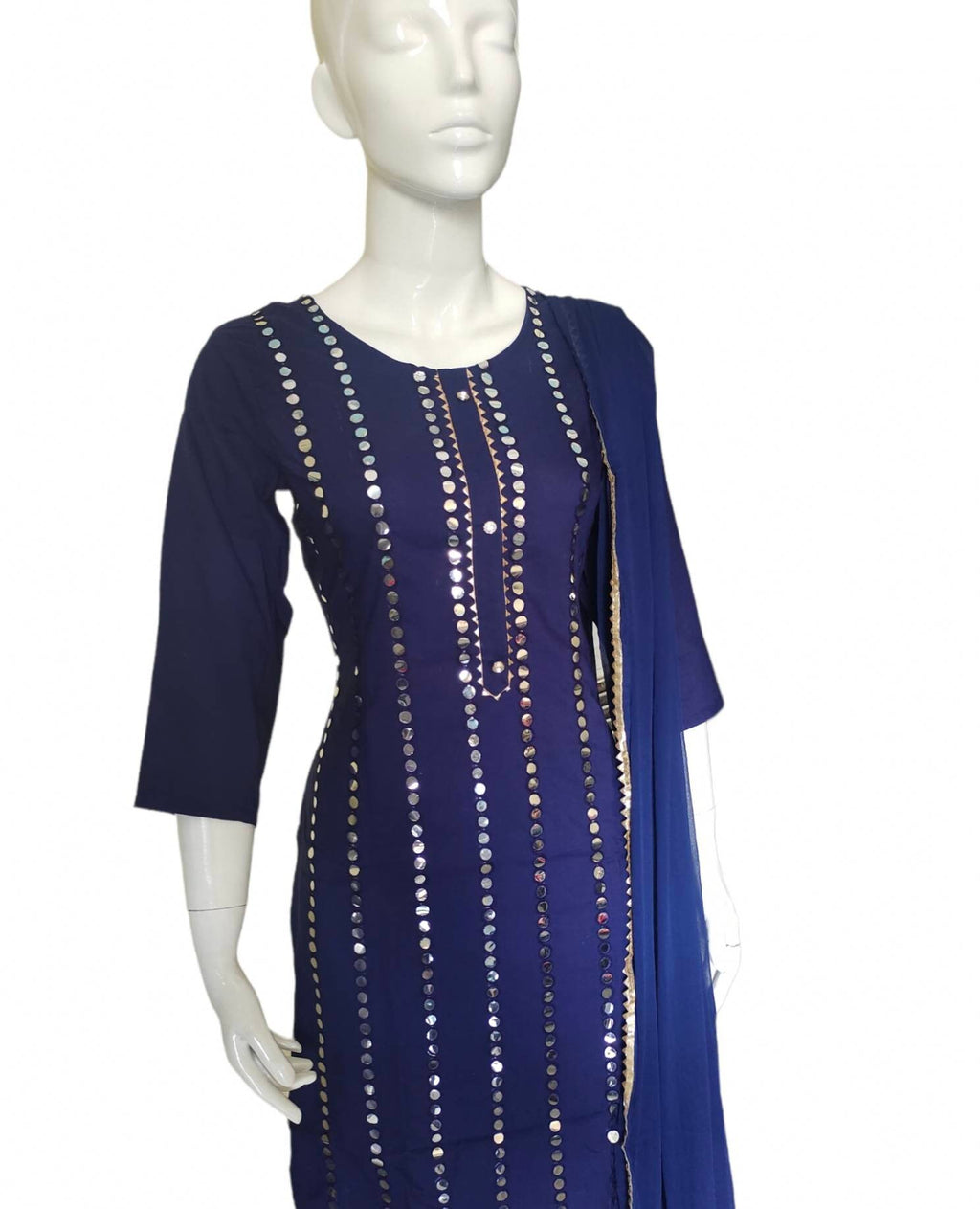 Blue/Navy Blue Cotton Rayon Mirror Work Salwar Kameez Sharara Suit Chiffon Dupatta Bollywood Pakistani Bohemian Wedding Festive Diwali Puja