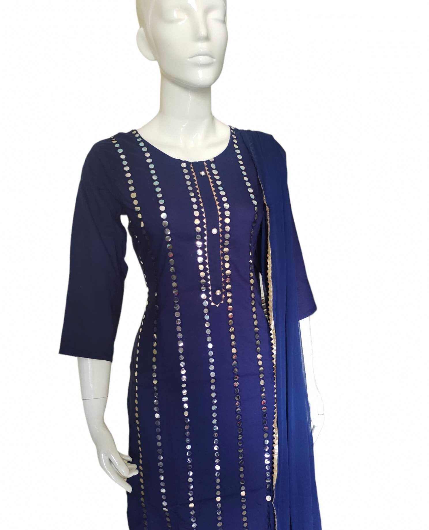 Blue/Navy Blue Cotton Rayon Mirror Work Salwar Kameez Sharara Suit Chiffon Dupatta Bollywood Pakistani Bohemian Wedding Festive Diwali Puja