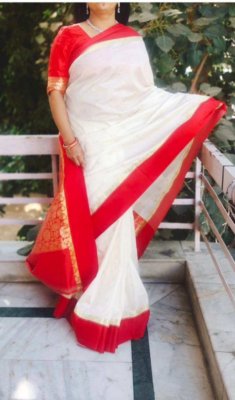 Off White Red Kanjeevaram Silk Saree Unstitched Red Silk Blouse Bollywood Daily Wear Party Wear Bengali Bohemian Vintage Sleek Relaxed Glam