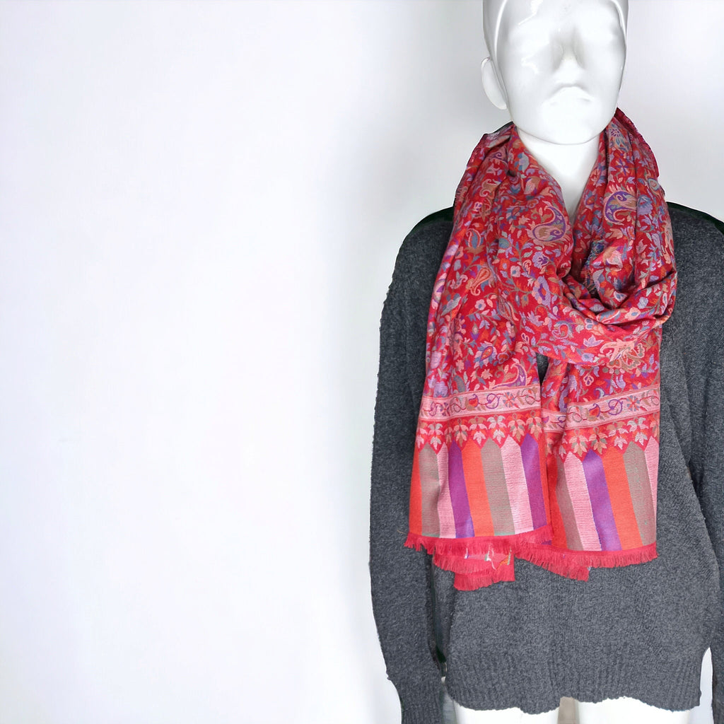 Red Pink 100% Cashmere Pashmina kani Weave Vintage Shawl/Scarf Neck Warmer Shoulder Warmer Travel Blanket Winter Luxurious Hand woven Shawl