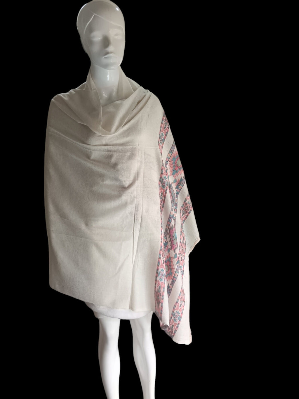 Beige White Embroidered 100% Cashmere Pashmina Shawl/Scarf Luxurious Hand woven Lightweight Soft Touch Shawl Scarf Vintage travel Blanket