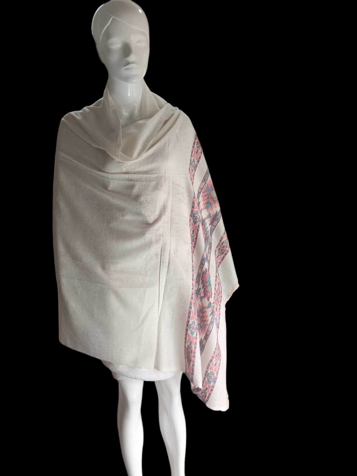 Beige White Embroidered 100% Cashmere Pashmina Shawl/Scarf Luxurious Hand woven Lightweight Soft Touch Shawl Scarf Vintage travel Blanket